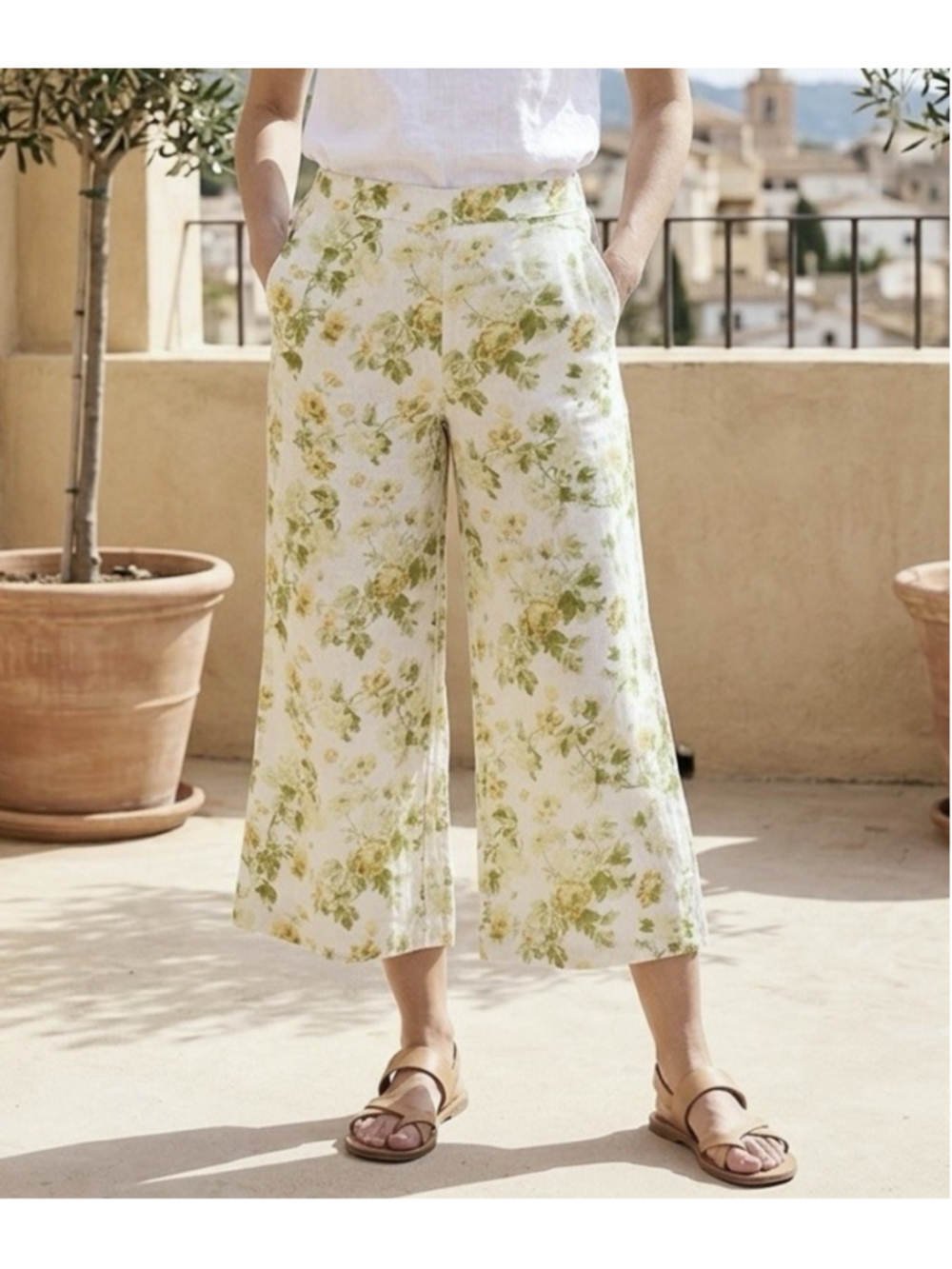 Laura Ashley Floral Pant Large 100% Linen Wide Leg Crop Resort Boho Beach Resort
